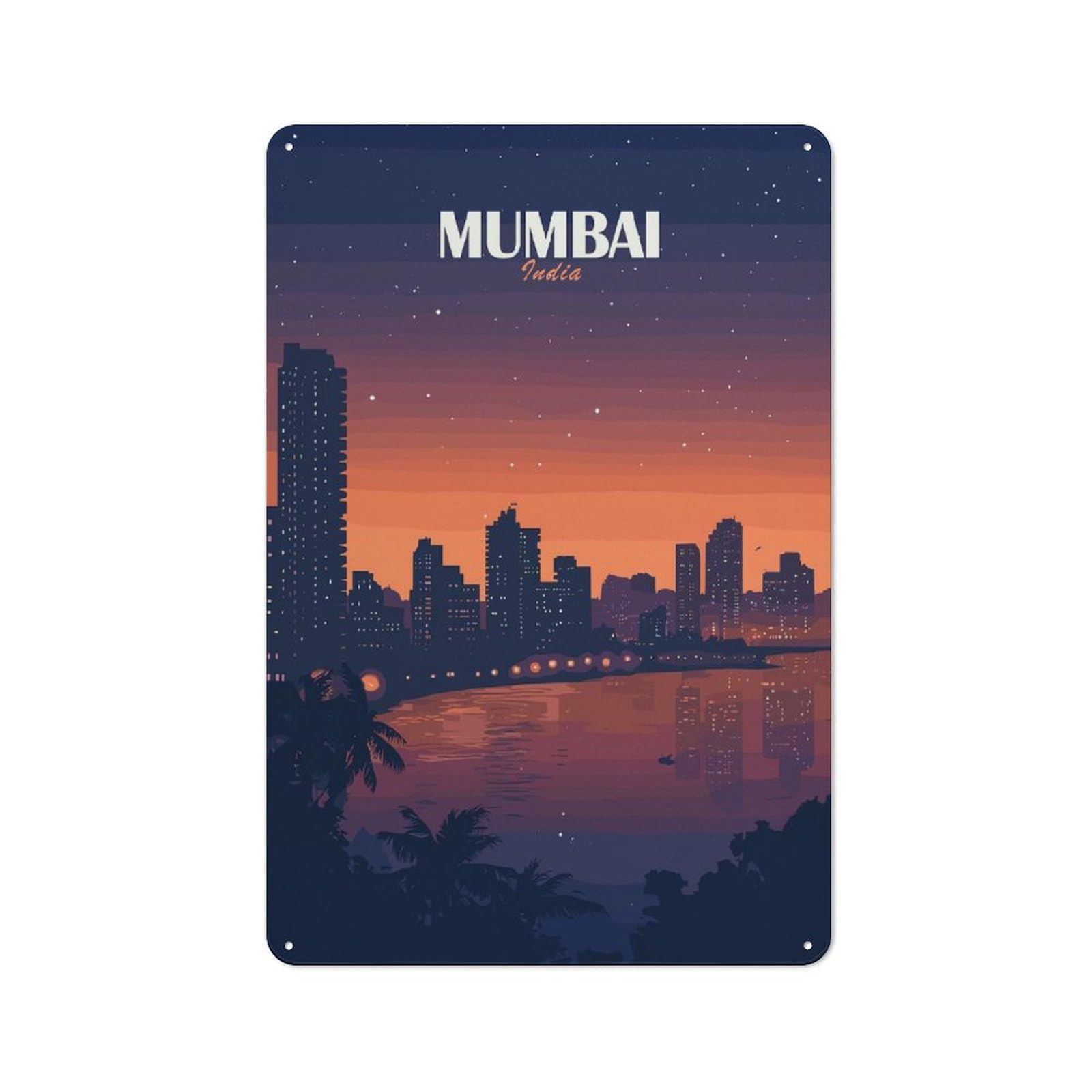 Junmoney Style-13 30X20cm Retro Metal Sign With Mumbai India Cityscape At Night For Living Room Or Hallway, For Living Room Decor Lovers Refreshing A Room In Autumn
