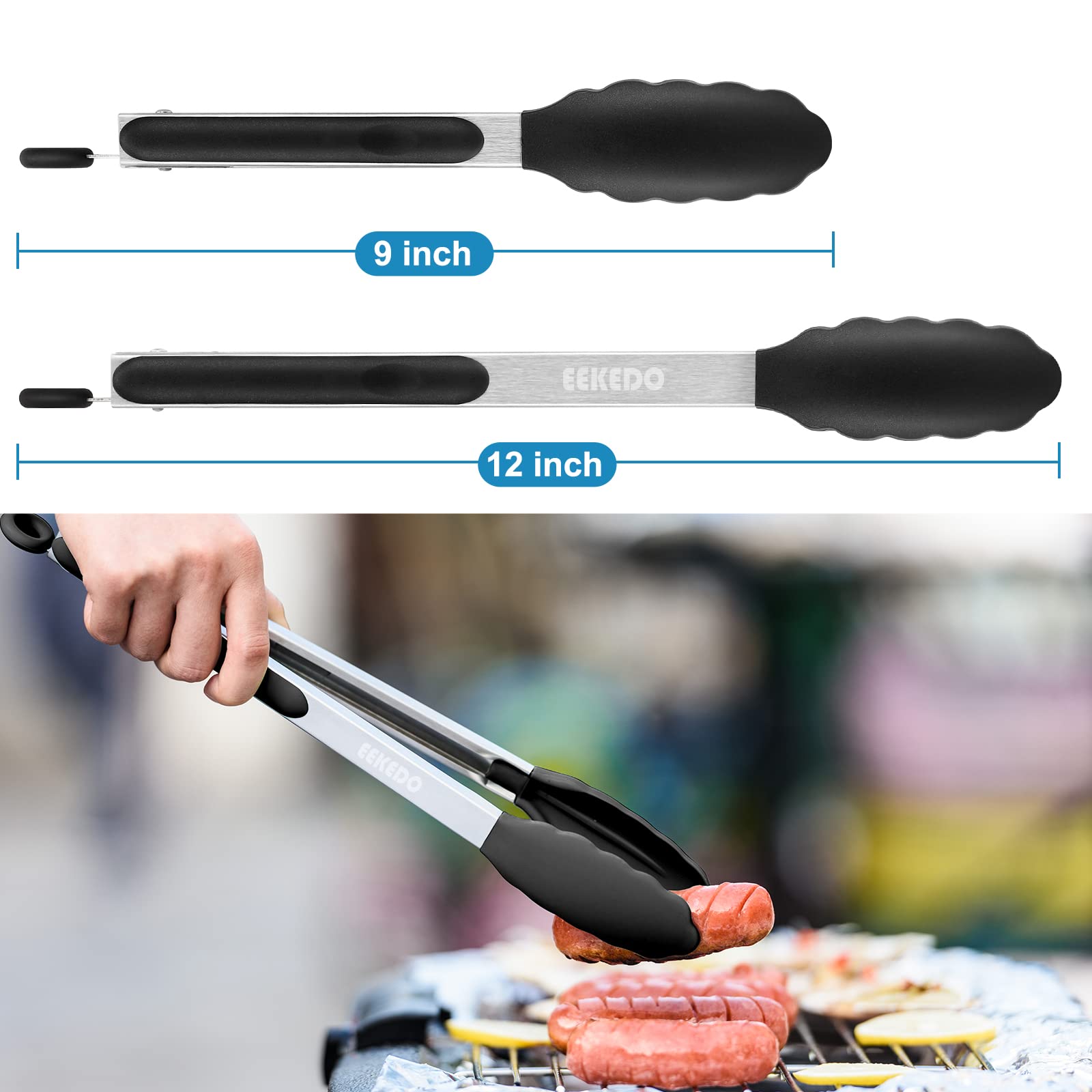 Pinzas de cocina, pinzas de silicona de acero inoxidable para cocinar 600ºF de alta resistencia al calor, pinzas de bloqueo, juego de 2-9 pulgadas y 12 pulgadas, color negro