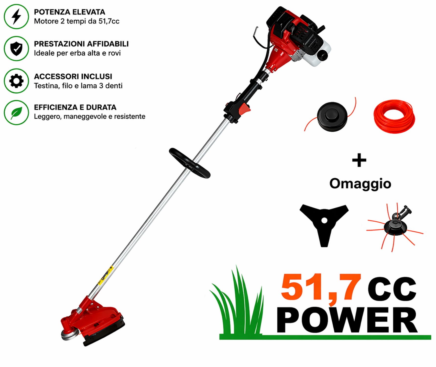 GrecoShop Decespugliatore a Scoppio 51,7cc con Accessori