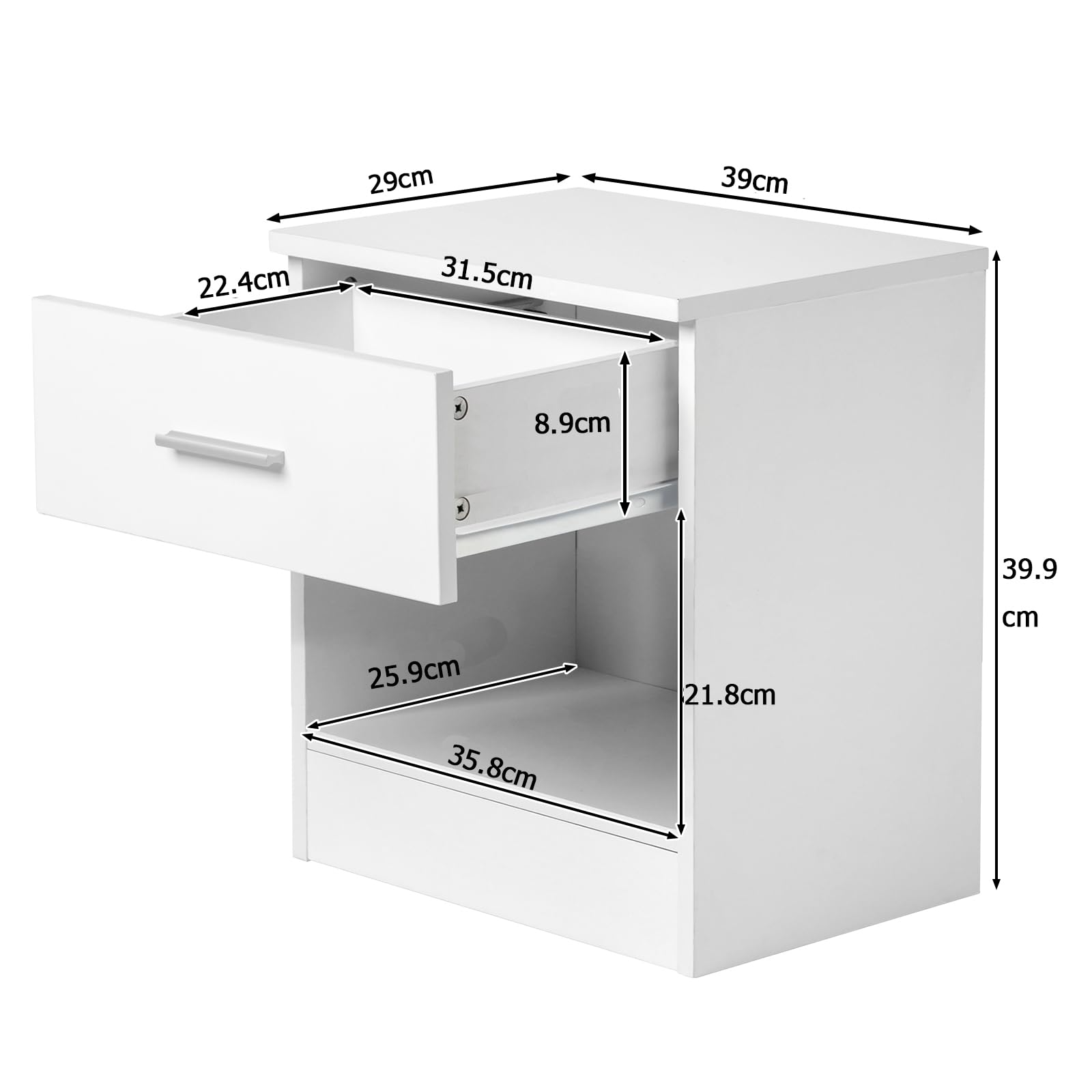 Nachttisch 2er Set Nachtschrank Schlichter Beistelltisch Kommode mit 1 offenem Fach und 1 Schublade 39 x 29 x 41 cm (2, Weiß)