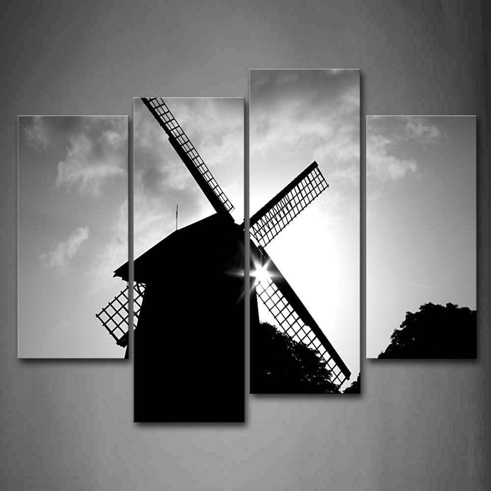 First Wall Art Black and White Windmill Clouded Sky with