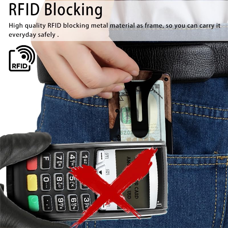 Image of Wallet for Men, Minimalist Slim RFID Blocking Resin Wood Credit Card Holder with Money Clip, Easily Removable Cash&Card Metal Wallet,Resin River,Natuarl Walnut Wood,Unique Pattern,Gift for Men