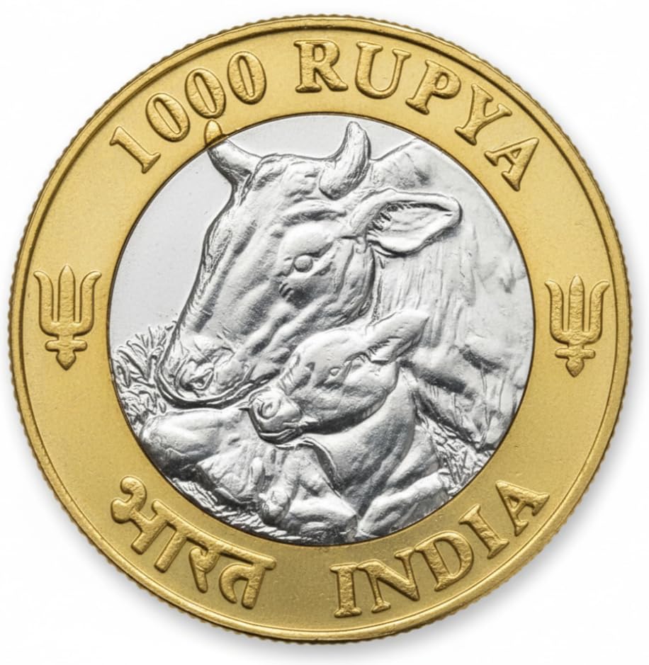 1000 Rupees, India Fantasy Rare Bi-Metallic Coin (Cow & Calf)-picture-30