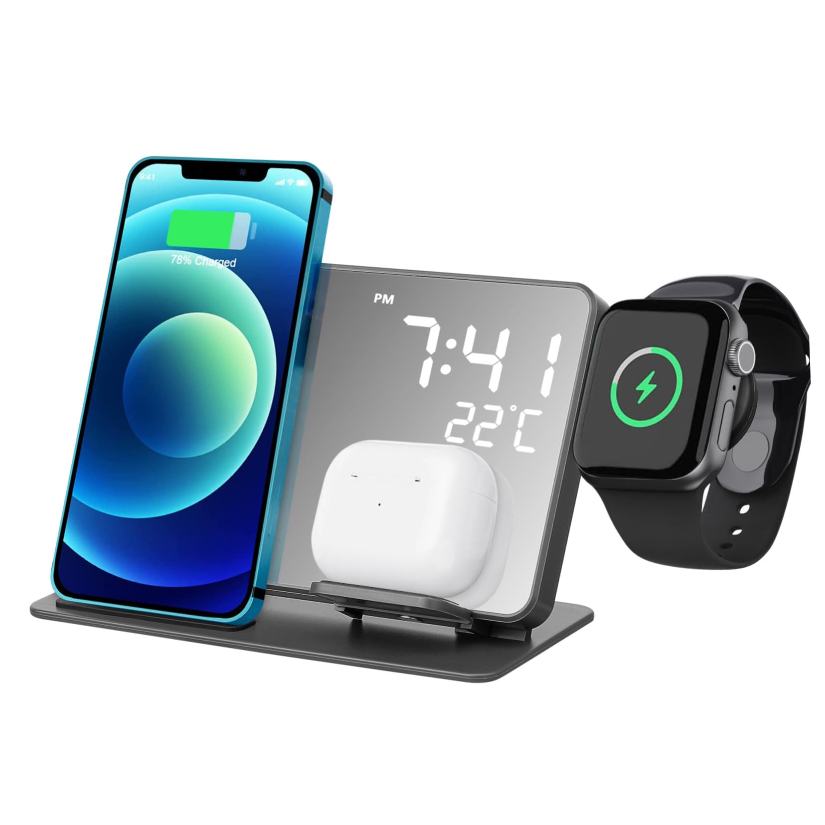 SEWACC Station De Charge sans Fil pour Téléphone Montre Écouteurs avec Affichage Horloge Température