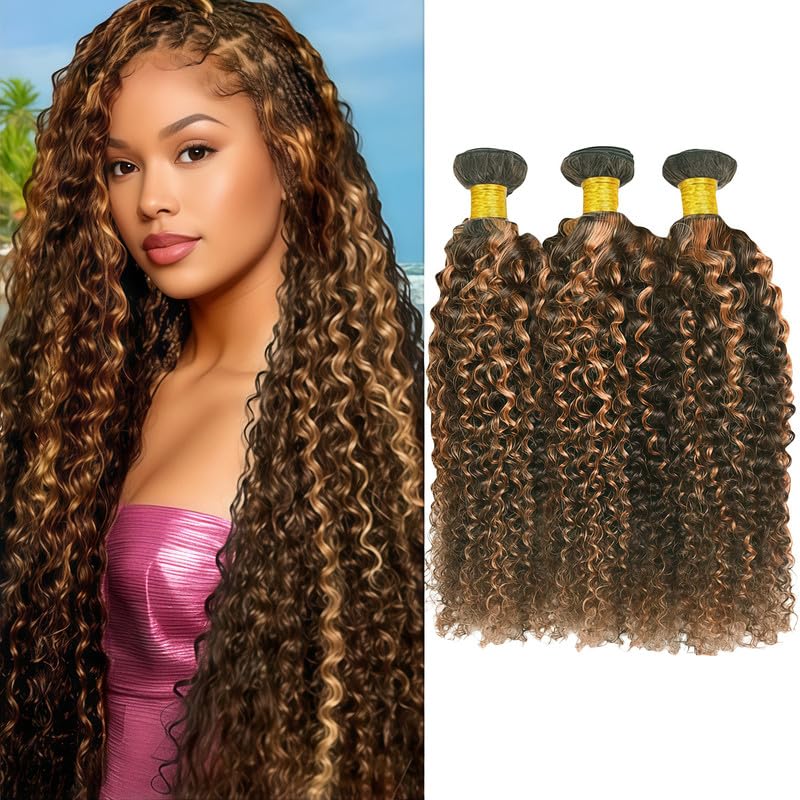 Highlight Brown Human Hair Bundles 26 28 30 Inch Light Brown Curly Bundles Human Hair Brazilian Virgin Remy Jerry Curly Hair 3 Bundles P4/30 Color