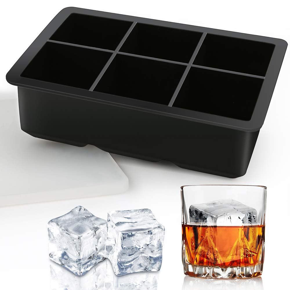 Silicone Ice Cube Tray With Lids, Large Size 2" Cubes Ice Trays of 6 Cavities, Ice Cube Mold for Whiskey, Spirits, Cocktail & Drinks (Black)
