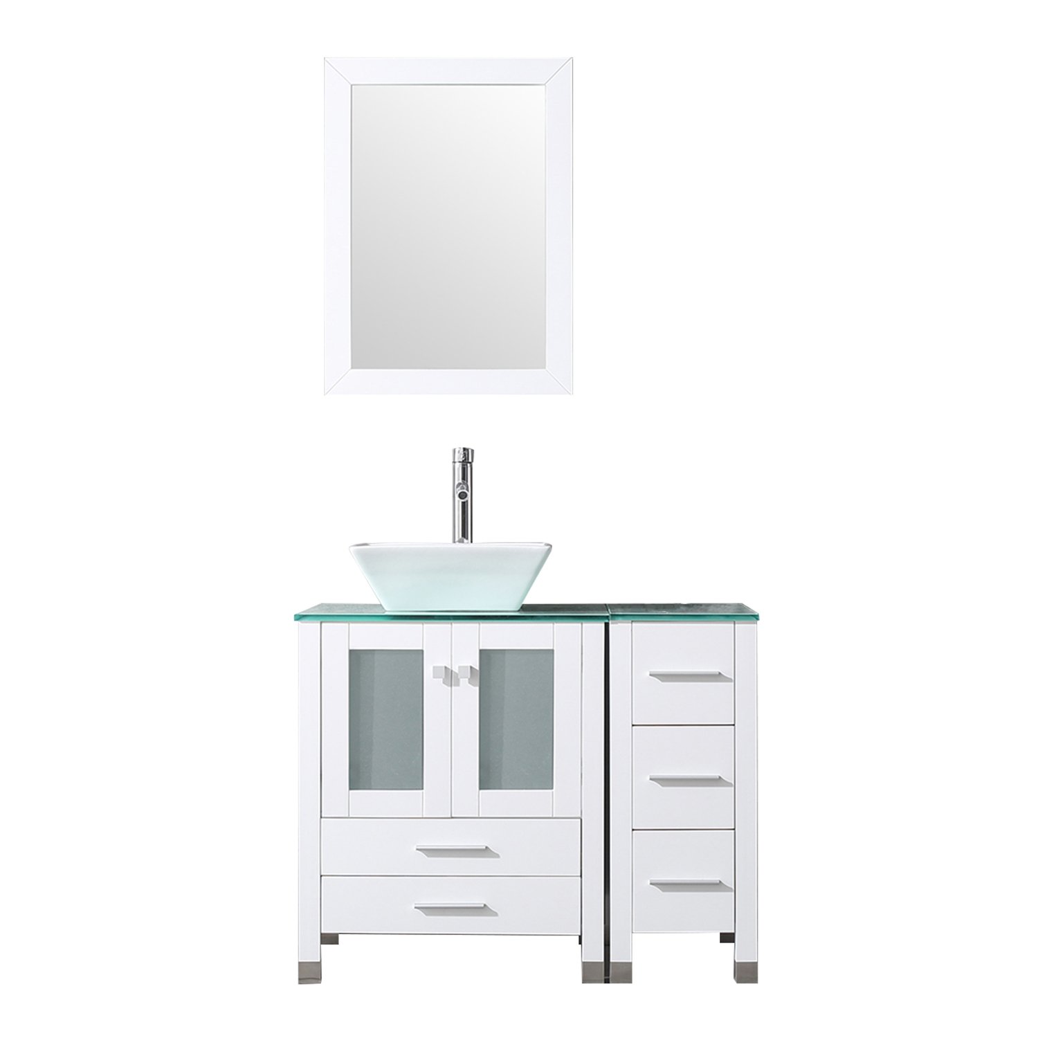 BATHJOY36” White Modern Wood Bathroom Vanity Cabinet Square Ceramic Vessel Sink Top Free Faucet Drain with Mirror