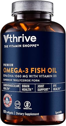 Vthrive Aceite de pescado omega-3 premium con vitamina D3 - Apoya la salud cardiovascular - 1,060 EPADHA (120 cápsulas blandas)