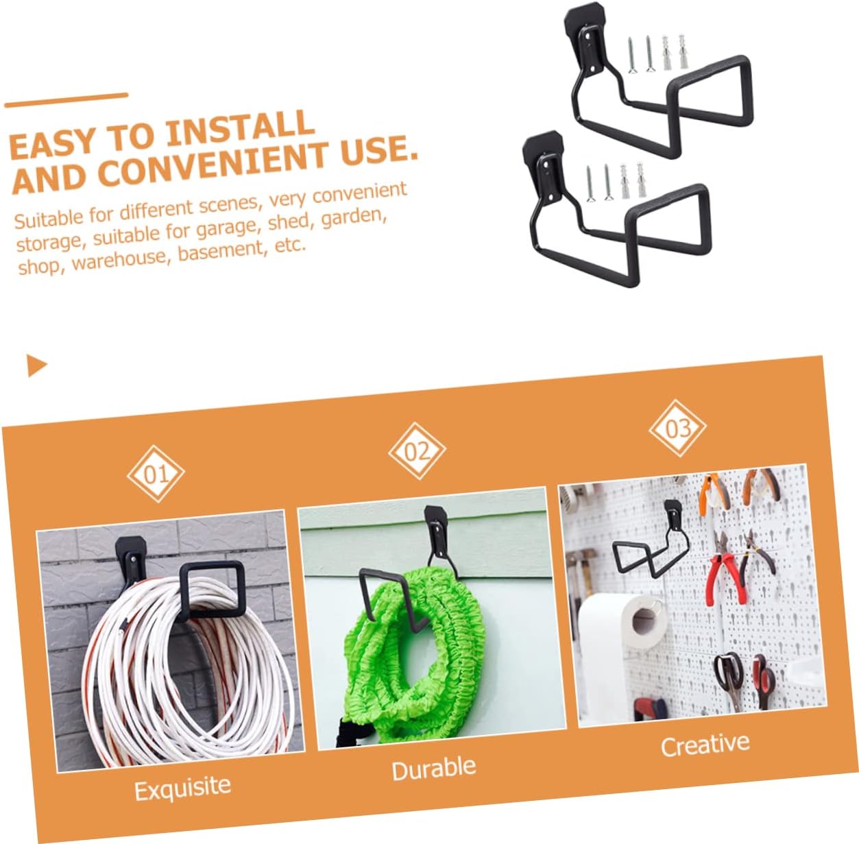 2pcs Heavy Duty Iron Hooks for Garage Storage Black Cord Holder Wall Mount Tool Hangers