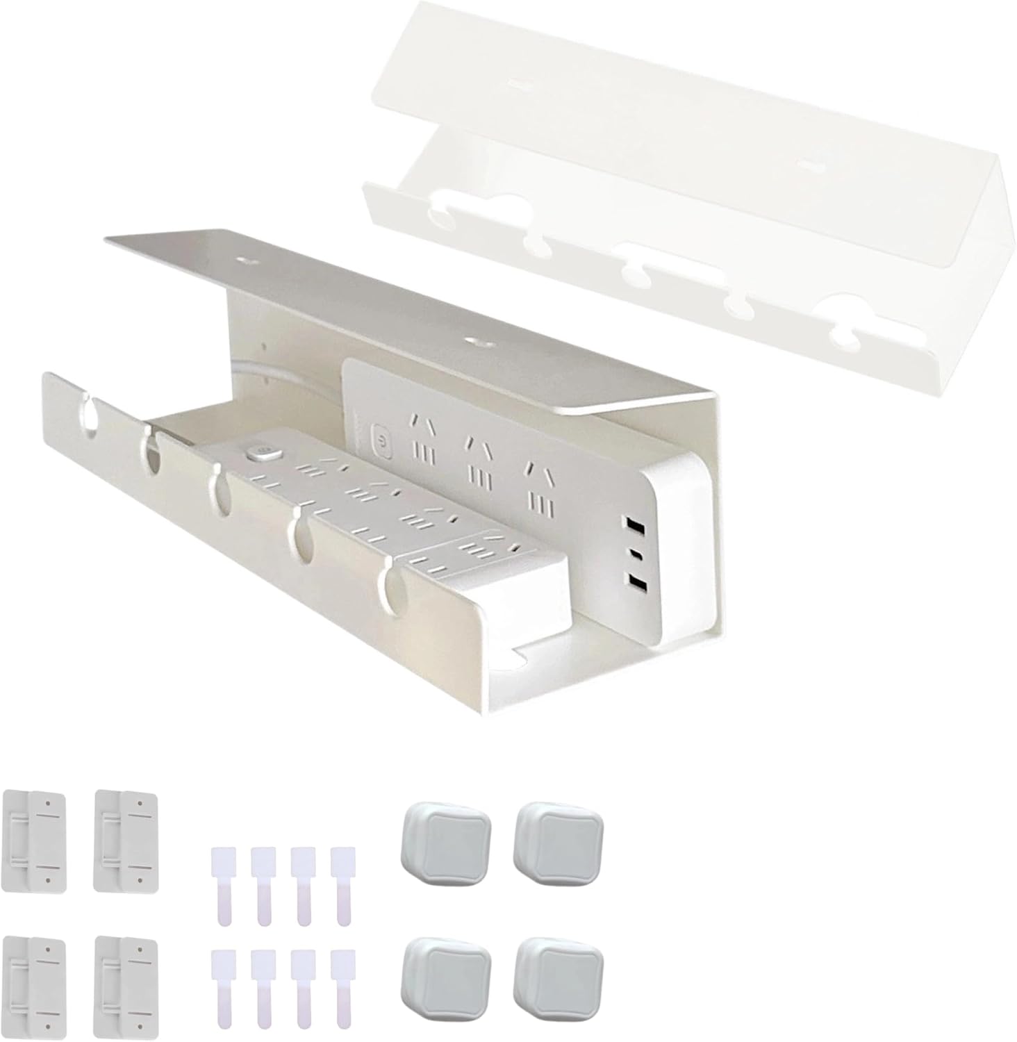 Ovanmexis Under Desk Cable Management Tray, White, 2-Pack | Quick-Release Mount, Snap-On Tool-Free, Includes Magnetic Cable Clips & Straps, No Drill Hidden Base