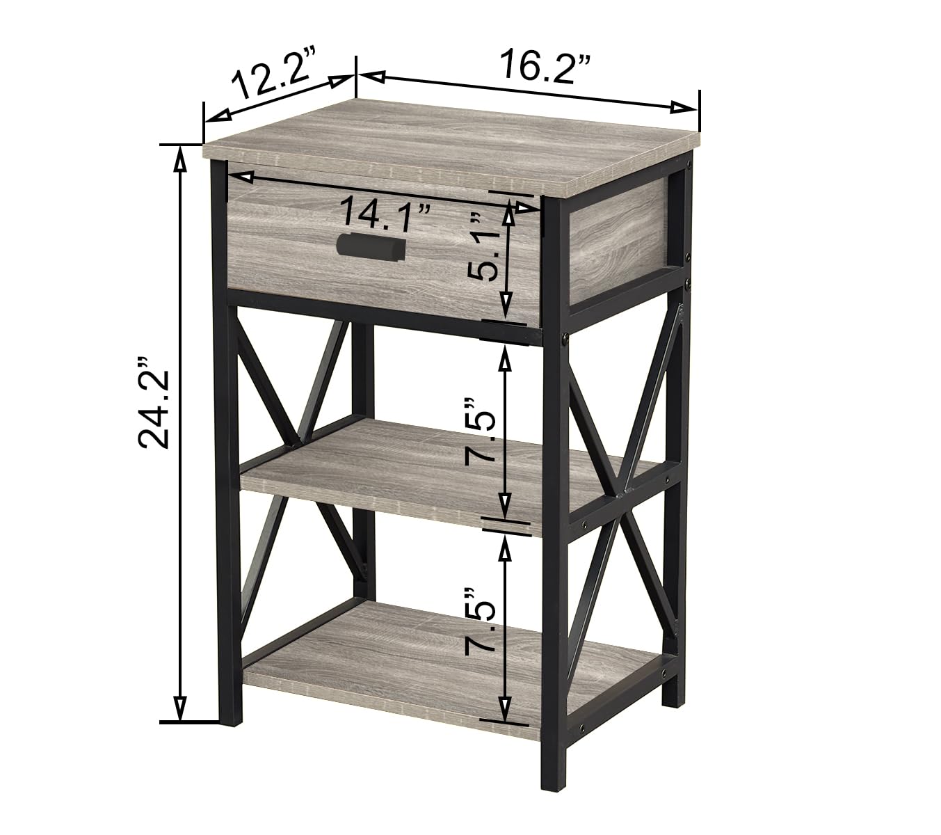 LVB Farmhouse Night Stand with Drawer, Small Industrial End Table with Storage Shelf, Minimalist Narrow Slim Wood Metal Side Table Set, Thin Nightstand for Bedroom Living Room Office, Light Grey, 16In