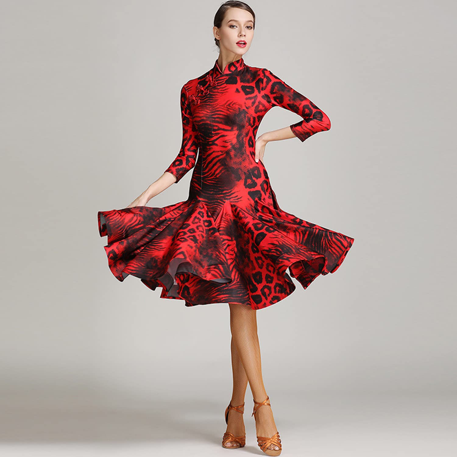 Sukienki do tańca latynoamerykańskiego Strój do tańca towarzyskiego z nadrukiem w panterkę Strój do tańca cha cha z długim rękawem Strój do tańca tango Rozcięcie z boku