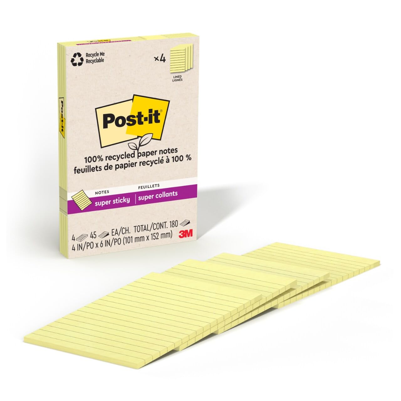 Post-it%100 Geri Dönüşümlü Kağıt Süper Yapışkan Notlar, 2X Yapıştırma Gücü, 4x6", Astarlı, 4 Ped/Paket, 45 Yaprak/Ped, Kanarya Sarısı (4621R-4SSCY)