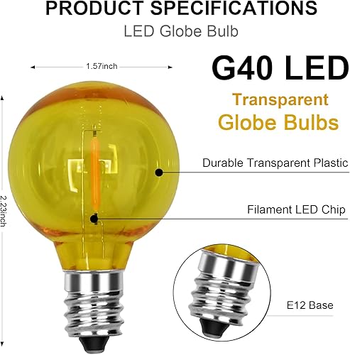 Miniatura 2 de Paquete de 25 bombillas LED G40 de colores, bombillas LED inastillables de 0.6 W, bombillas de repuesto de Navidad con base de candelabro E12, rojo,