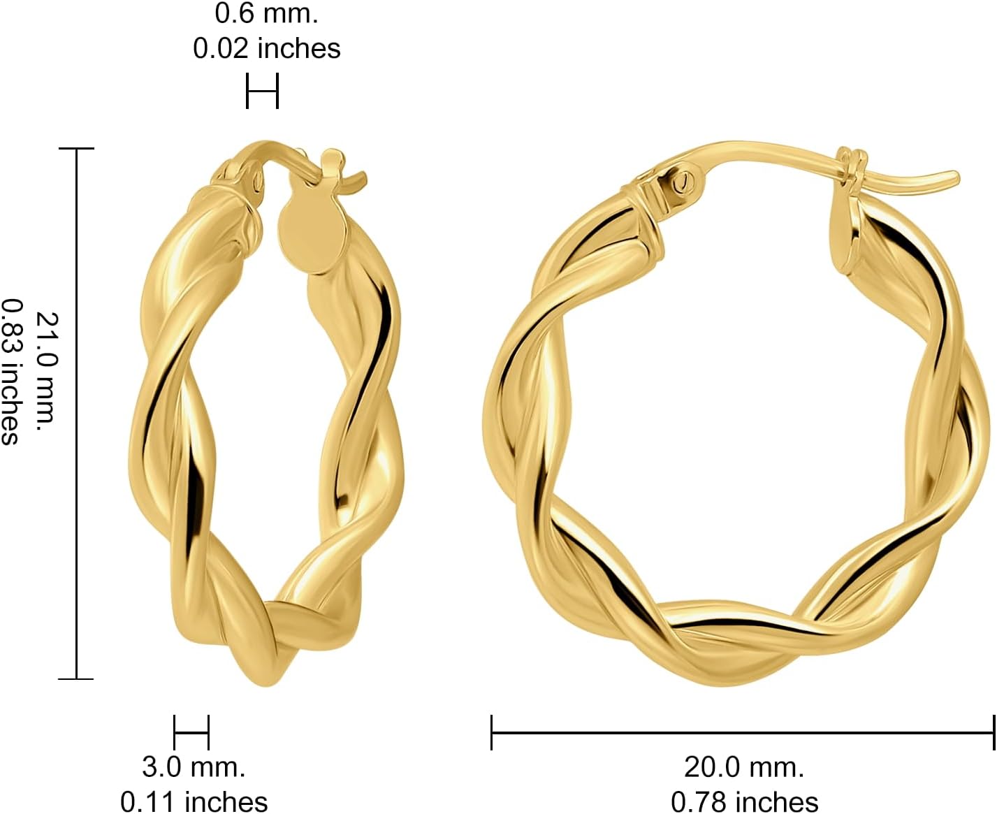 Hoops & Loops 925 Sterling Silver Twisted Hoop Earrings for Women, Yellow Gold 3mm Twist Hypoallergenic Hoop Earrings 20mm