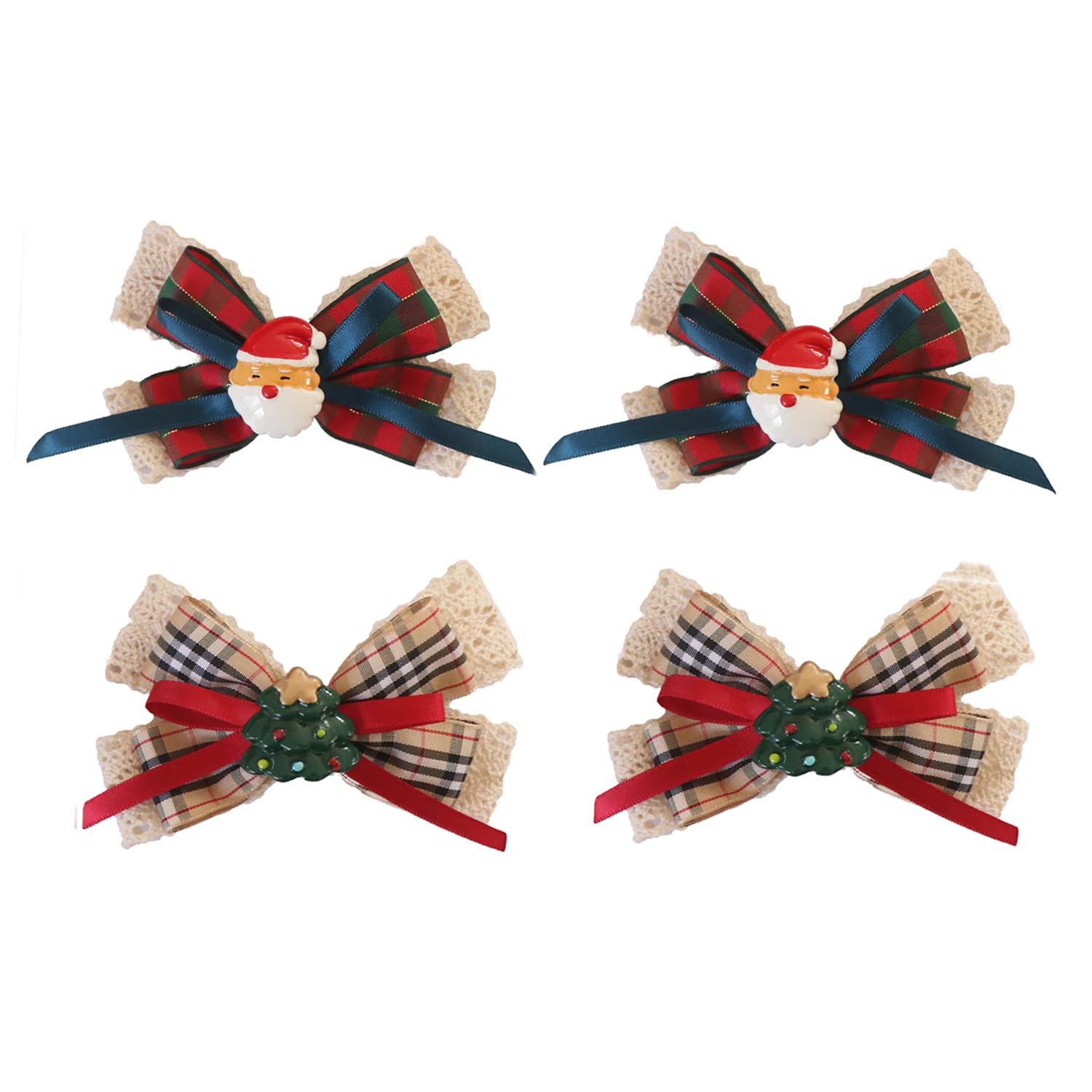 4pcs Christmas Bows Hair Clips Buffalo Plaid Alligator Clips Santa Claus Christmas Tree Barrettes Checkered Ribbon Hair Accessories for Girls Women Party Favors