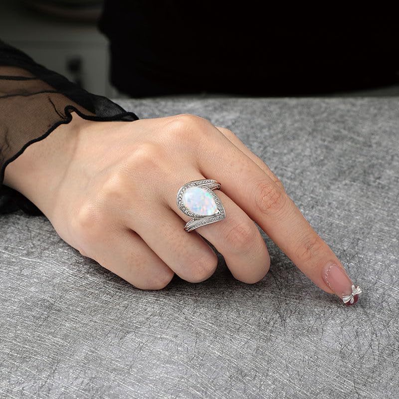925 Sterling Silver Pear Opal Ring, Modern Halo Design, Opal & Moissanite, White Stone, 6x10mm, Female, Engagement & Wedding, Prong Setting2