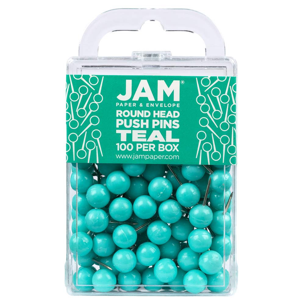 JAM PAPER Colourful Push Pins - Round Head Map Thumb Tacks - Teal Pushpins - 100/Pack โ image 1