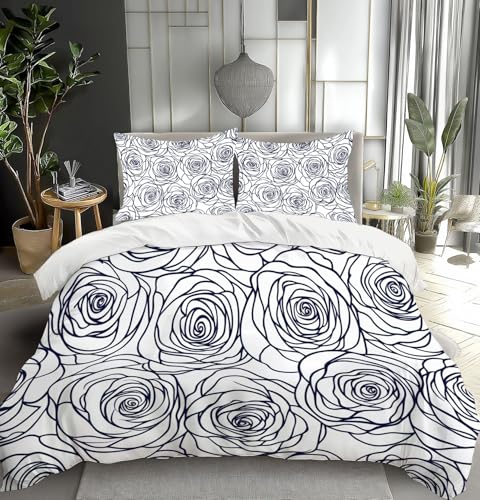 Parure de lit bleu blanc rose contour avec housse de couette zip