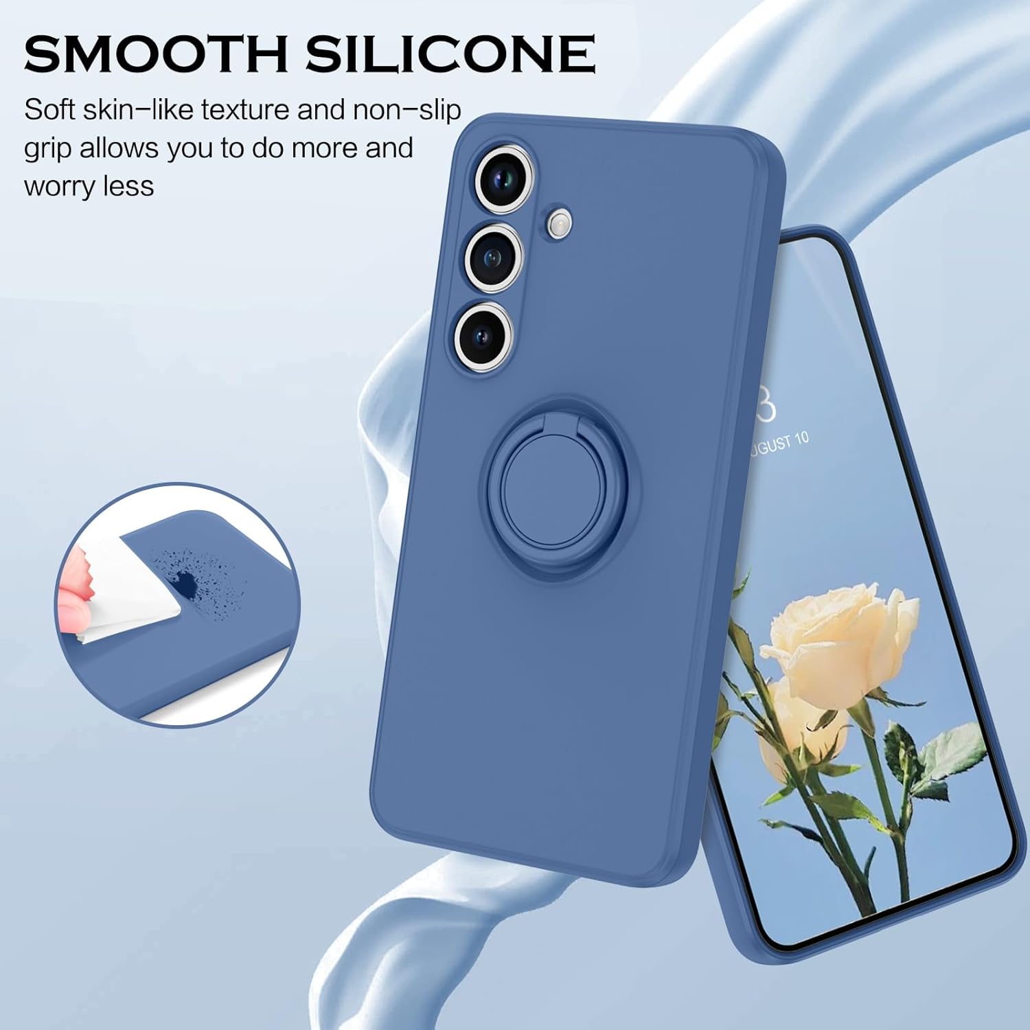 YINLAI for Samsung Galaxy S25 Case Liquid Silicone with Ring Holder Stand Slim Soft Rubber Cover Shockproof Protective Phone Case for Samsung Galaxy S25 5G 6.2 Inch, Blue - Image 3
