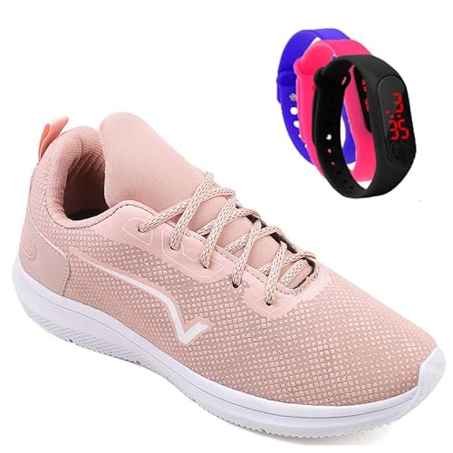 Tenis Feminino Casual Academia Caminhada Corrida + Relogio Cor:Rosa;Tamanho:37
