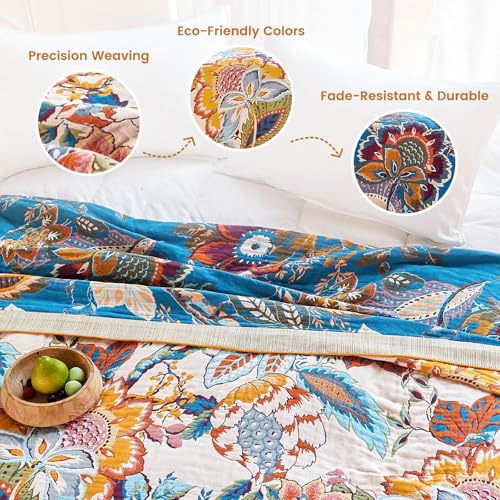 Image of MSGKV Boho Throw Blanket 90 inchx90 inch Fall Cotton Floral Blanket for Couch