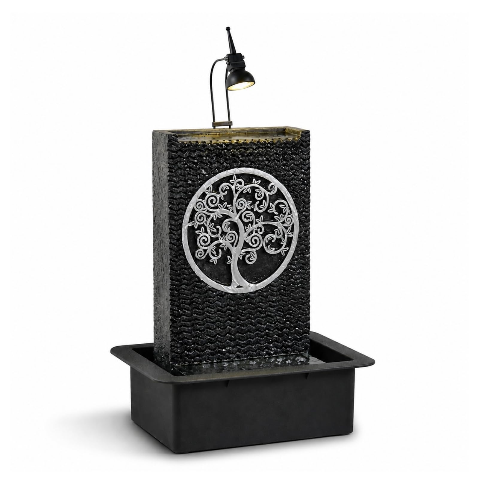 Fontaine d’Intérieur Mur d’Eau Cascade Motif Arbre de Vie Lumière Spot Blanc, Grand Décoration de Table Bureau Salon Chambre, Source de Zenitude Méditation Relaxation, H 40cm – Arbre de Vie Zen’Light