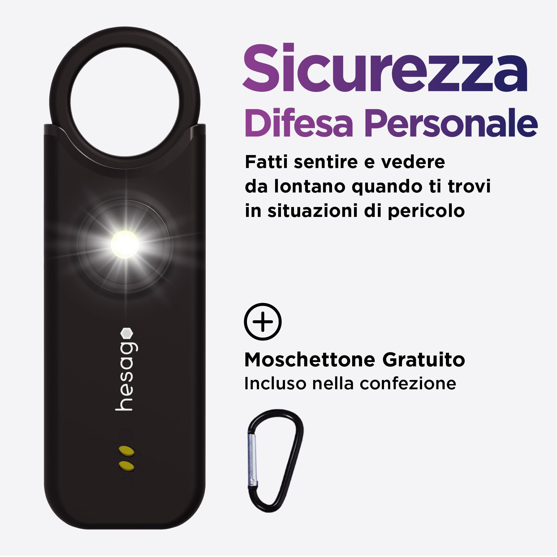 SnapSiren - Allarme Personale anti aggressione - Autodifesa con Sirena 135 dB - Portachiavi Donna da borsetta per Difesa Personale - Torcia e Allarme Porta Ingresso Hotel (Nero)