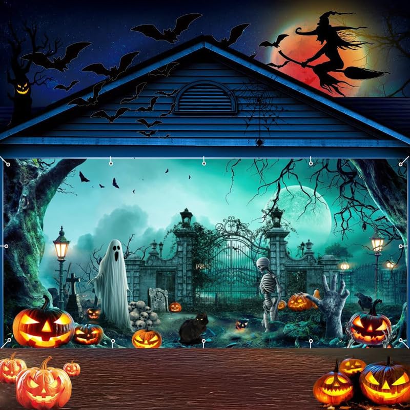 XMJJKUF Housse Porte Garage Halloween Effrayant 16x7pi