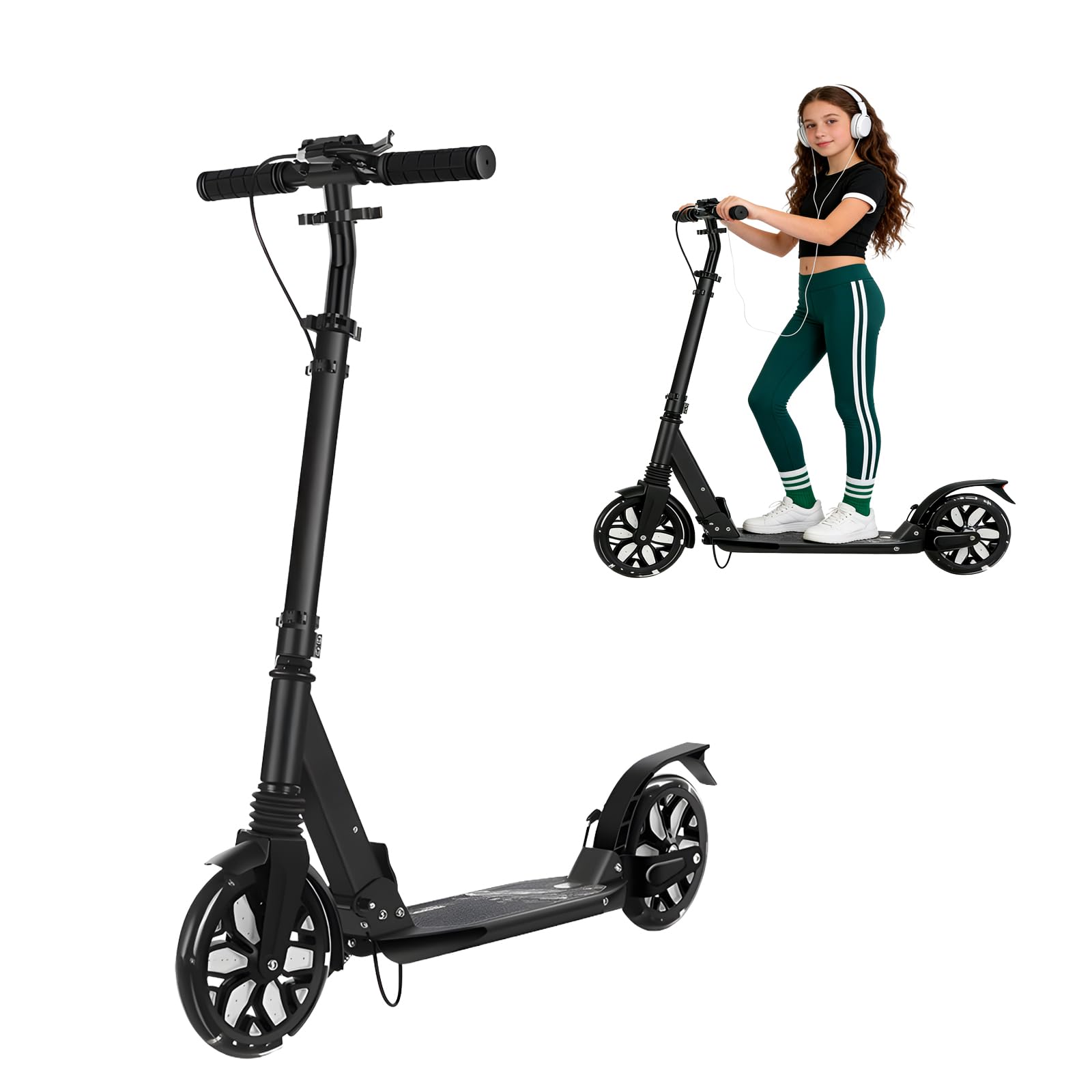 Scooters for Kids, Led Light-Up Rear Wheel, 4 Adjustable Height Dual Brakes,Foldable 8in Big Wheel Scooter, Shock Absorption, 2 Wheel Kick Scooter for Adults, Teens, Up to 300 Lbs