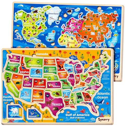 Image of SYNARRY Large USA World Wooden Puzzles for Kids Ages 4-6, Learning United States World Maps Puzles for Kids Ages 6-8, Wood Jigsaw Puzzles Educational Games Toys Gifts for Boys Girls Ages 3-8
