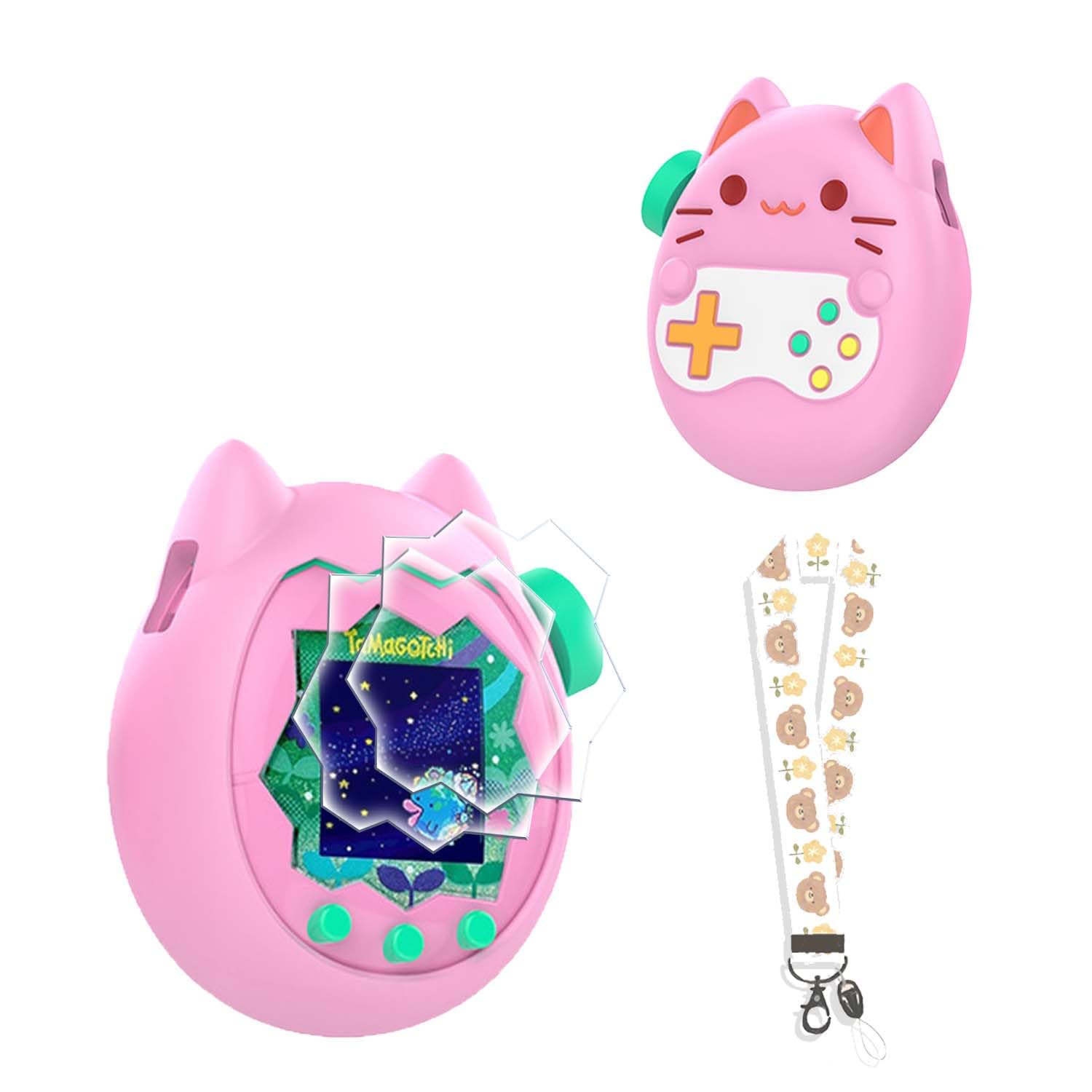 Tamagotchi Paradise (たまごっちパラダイス) 用 ケース カバー 保護フィルム(2枚) 組み合わせセット 柔らかい シリコン製 保護ケース かわいい 子供向き 指紋防止 防水 保護 耐衝撃 ギス防止 耐久性 ハンドストラップ付き(ピンク)