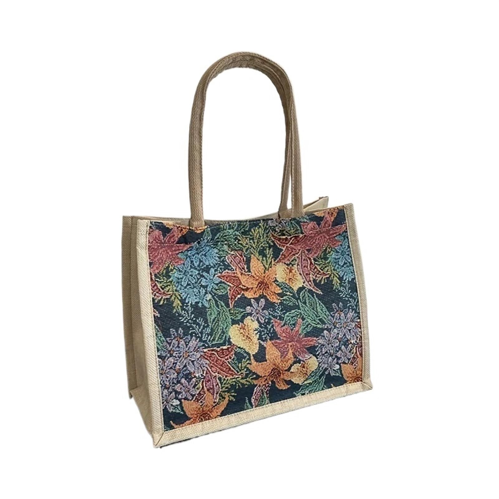 OZLCUA Jute Bags Linen Button Vintage Handbag Women Tote Large Capacity Grocery Bag Gift Bag Beach Organizer Portable Shopping Lunch Bag Retro Tote Linen Bags(Red)