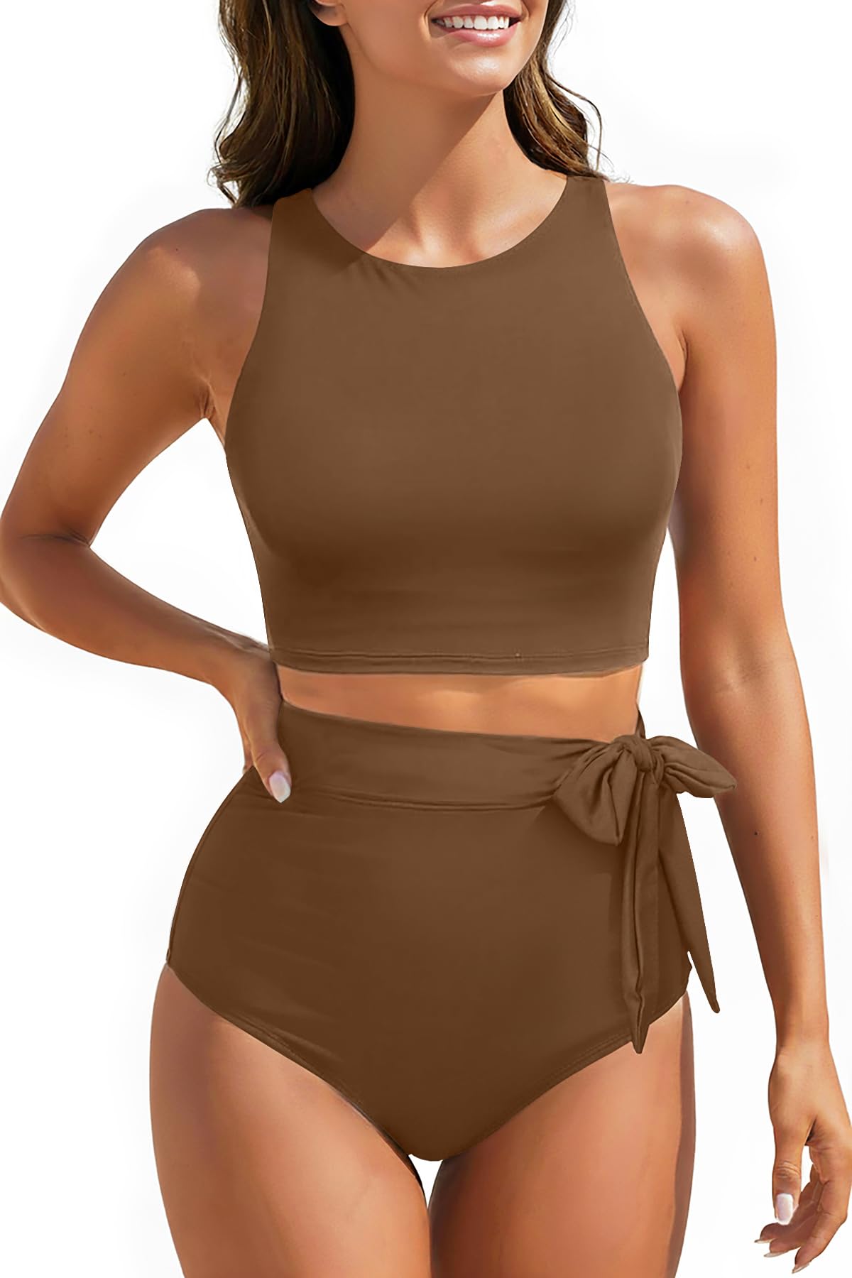Women High Waisted Bikini Set Racerback Swimsuit Two Piece Bathing Suit High Neck Swimwear-image-28