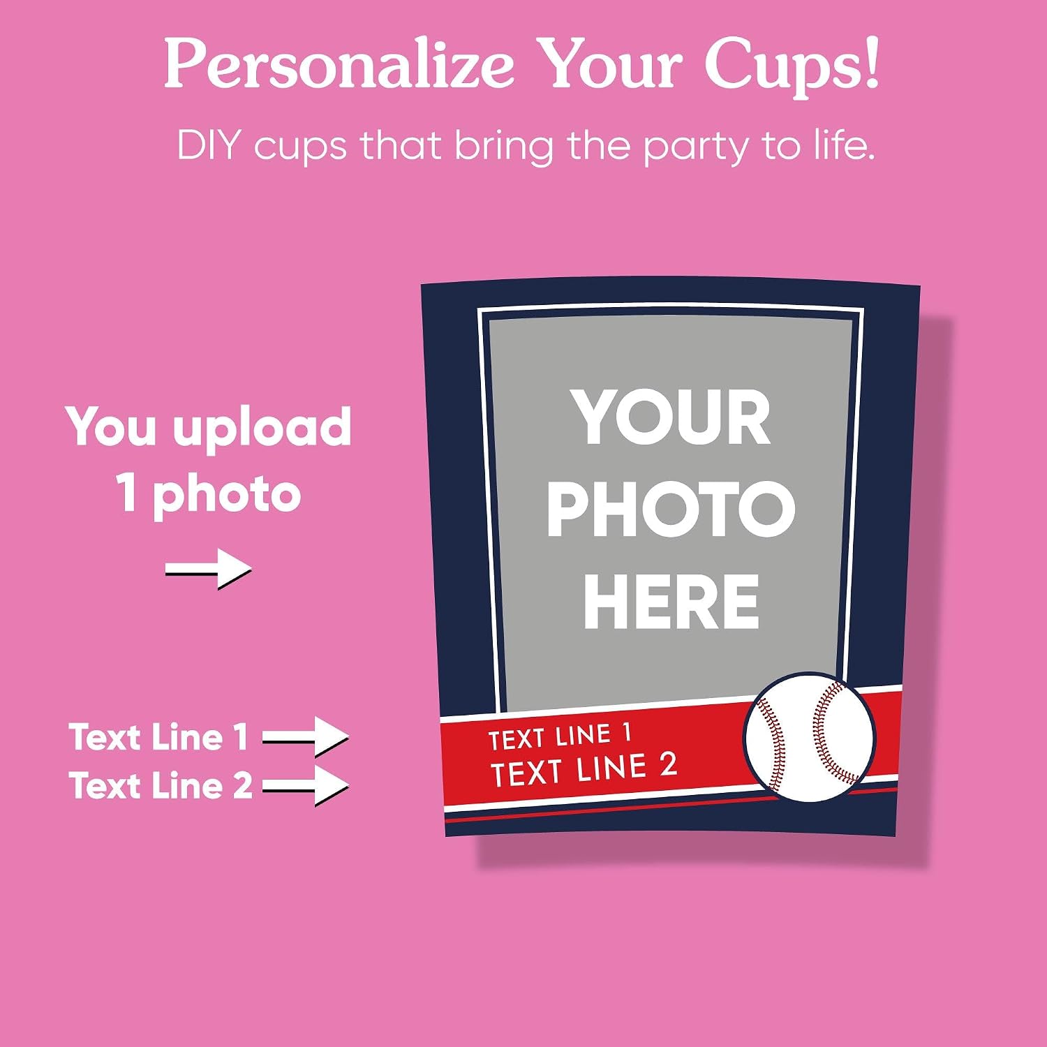 Big Dot of Happiness Custom Baseball Cups, 16oz Disposable Drinkware, Sports Birthday Party Table Decor, Custom Party Cups (White) & Personalized Photo Stickers - 16 Pack
