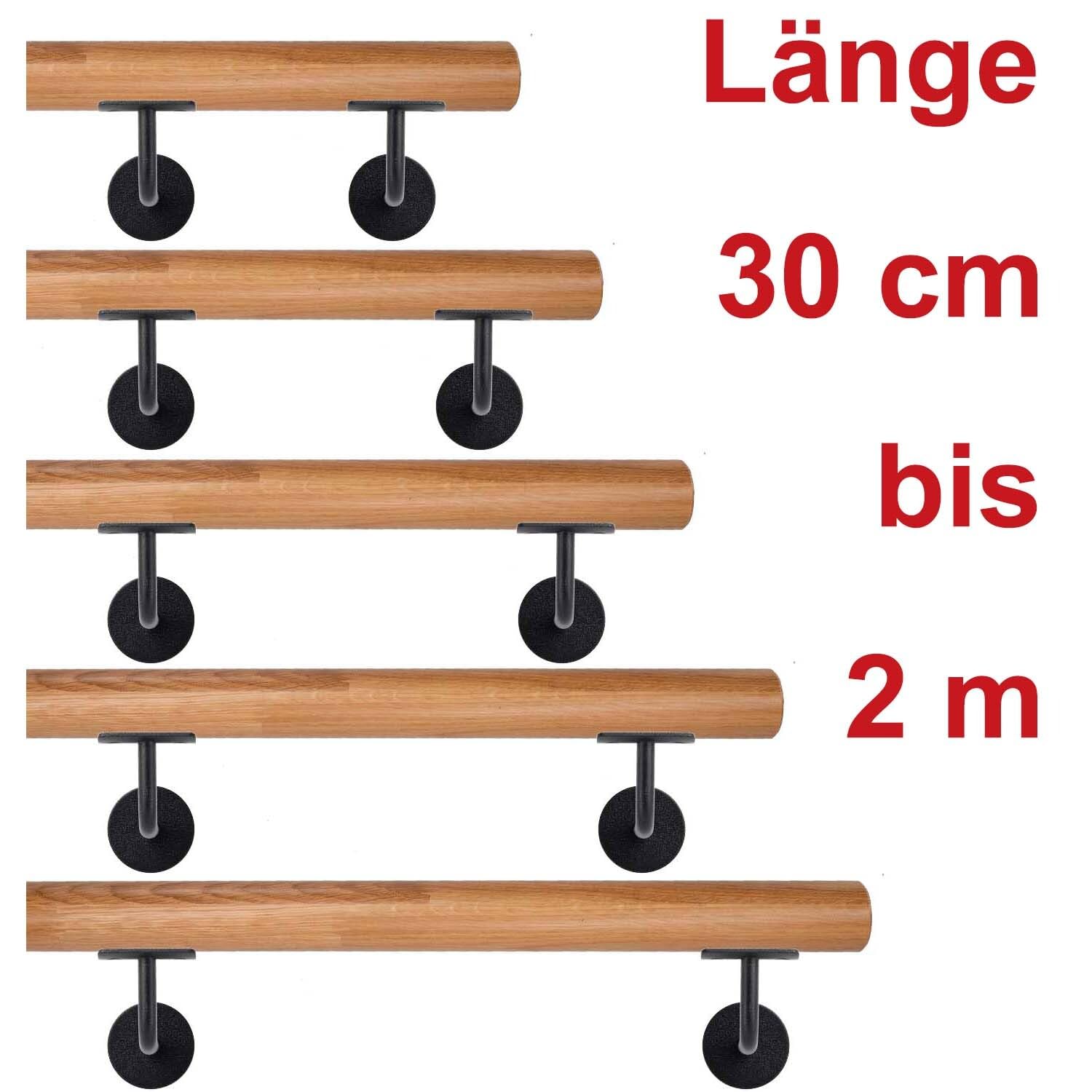TIBU Eiche keilgezinkt Holz Handlauf Geländer 0,3m - 6m, Länge 80 cm und 2 Edelstahl Halter Schwarz
