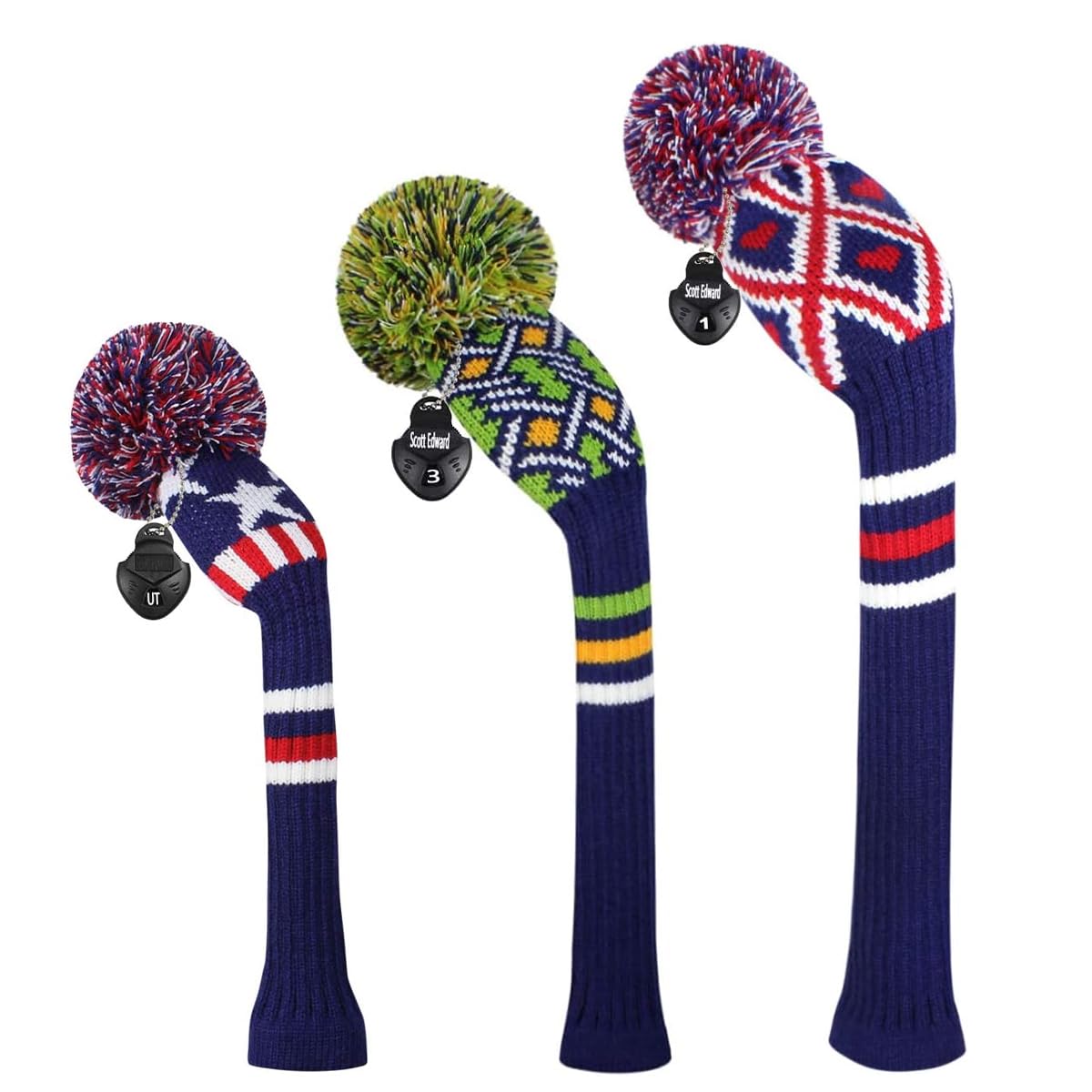 Scott Edward Mix and Match Pom Pom Knit Golf Club Covers Set of 3 Driver Head Cover 1 Fairway Headcover 1 and Hybrid/UT Headcover 1 (Heart and Star)