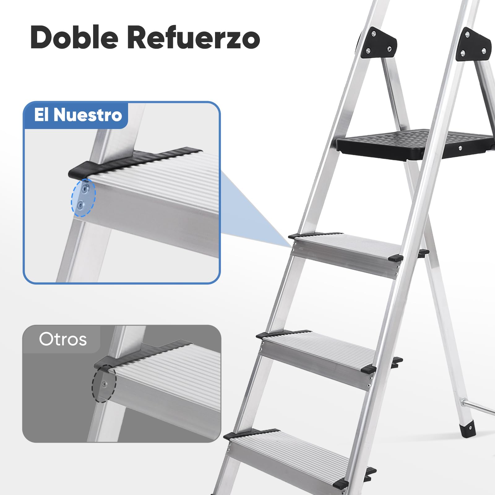 Sekey Escalera de Aluminio 4 Peldaños 140 cm, Plegable con Bandeja Portaherramientas, Peldaños Antideslizantes, Soporta hasta 150 kg, Certificada TÜV EN131-2, para Hogar, Garaje y Jardín
