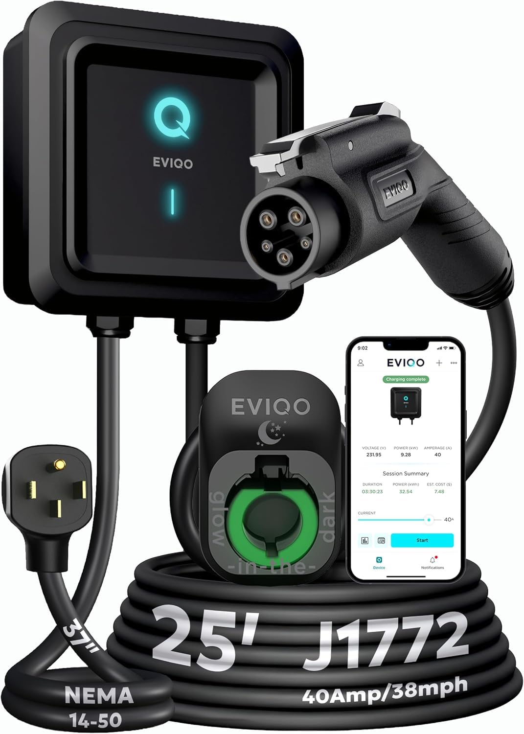 EVIQO Level 2 EV Charger, 40 Amp 240V, J1772 for Non-Tesla EVs, 25ft Cable, WiFi (2.4GHz) Smart App, Weatherproof Indoor/Outdoor (IP66, NEMA 4), UL & ETL Certified, NEMA 14-50 Plug-in, 9.6kW