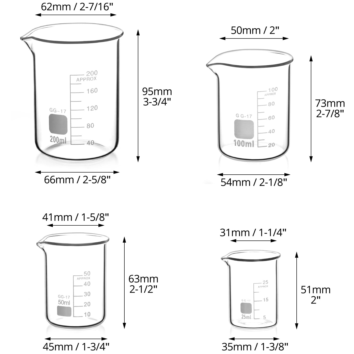 QWORK® Becher Graduato 25ml 50ml 100ml 200ml in Vetro Borosilicato 3.3, Set di 4 Misurino Graduato per Laboratorio Scientifico Cucina