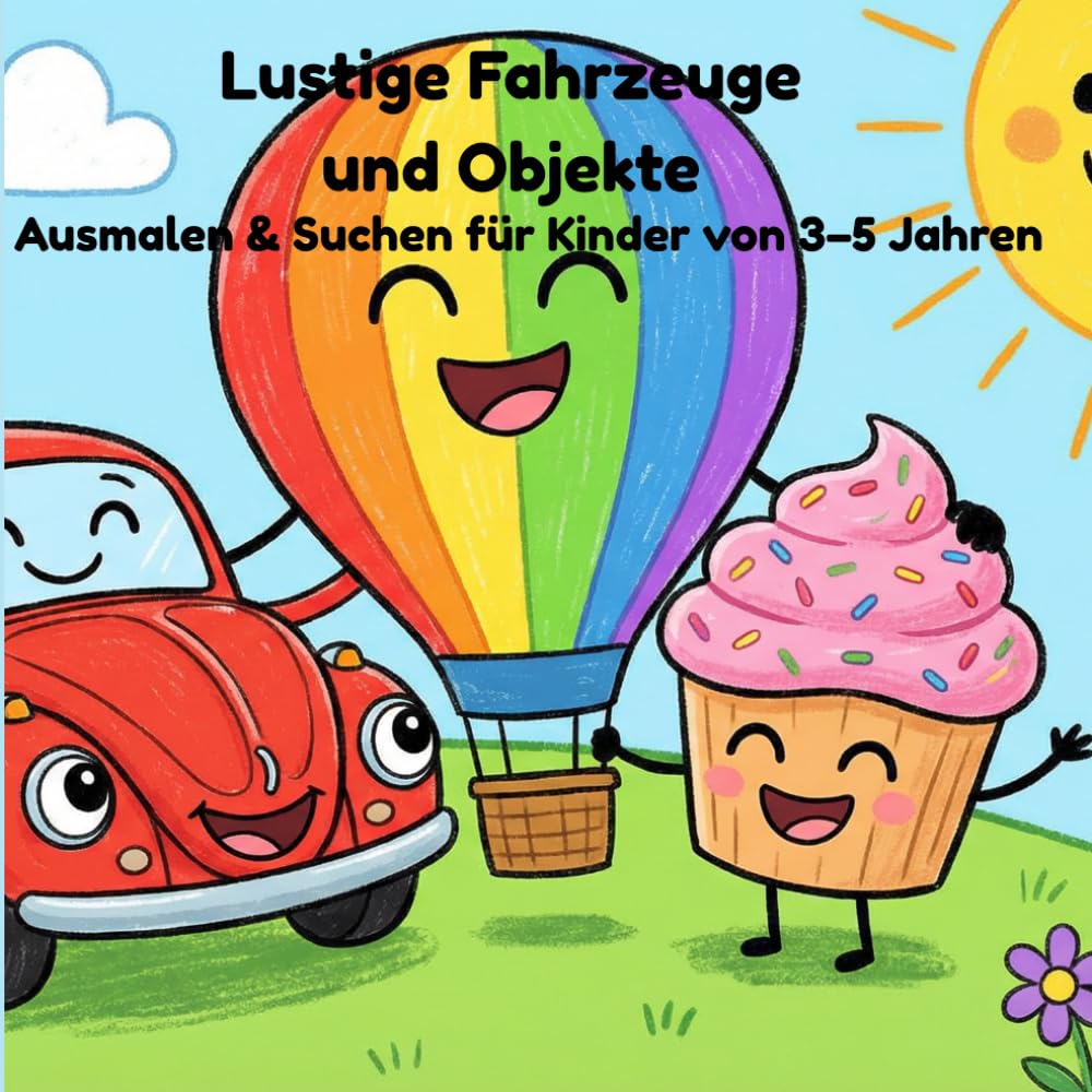 Lustige Fahrzeuge und Objekte: Ausmalen und Suchen für Kinder von 3 - 5 Jahren