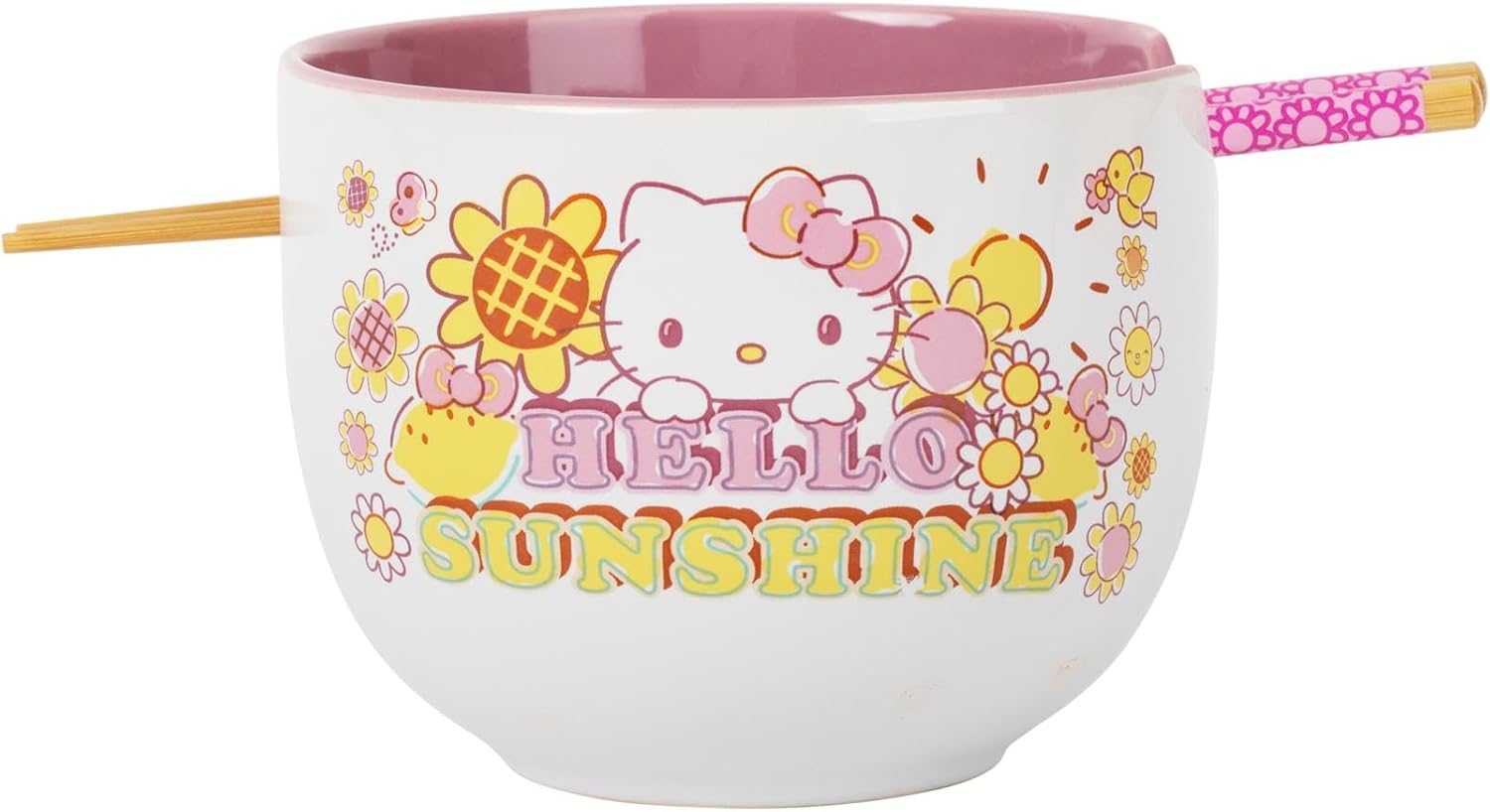 Silver Buffalo Sanrio Hello Kitty Hello Sunshine Ceramic Ramen Dinnerware Set | Includes 20-Ounce Noodle Bowl and Wooden Chopsticks
