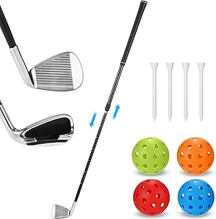 Realspring Golf Bucket Clubs Set Adjustable Length Golf Bucket Backyard Game with 4 Pcs Plastic Foam Balls and 4 Pcs Types of Tees for Junior, Adults Indoor Outdoor Golf Training Chipping Games