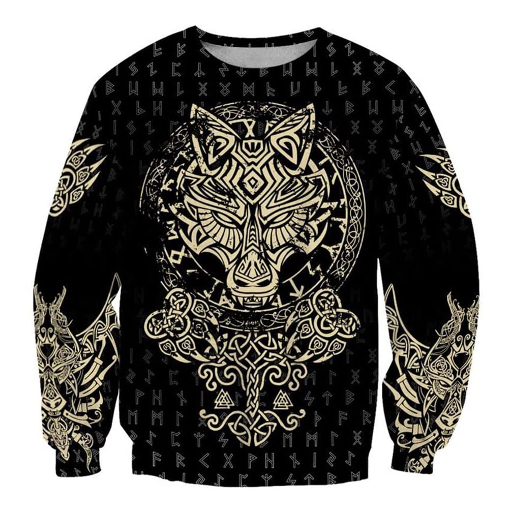 Tqwsvum Unisex Sweatshirt Men Norse Myth Fenrir Wolf 3D Print Short Sleeve,Viking Rune Tattoo Graphic Casual Pullover Sport Streetwear