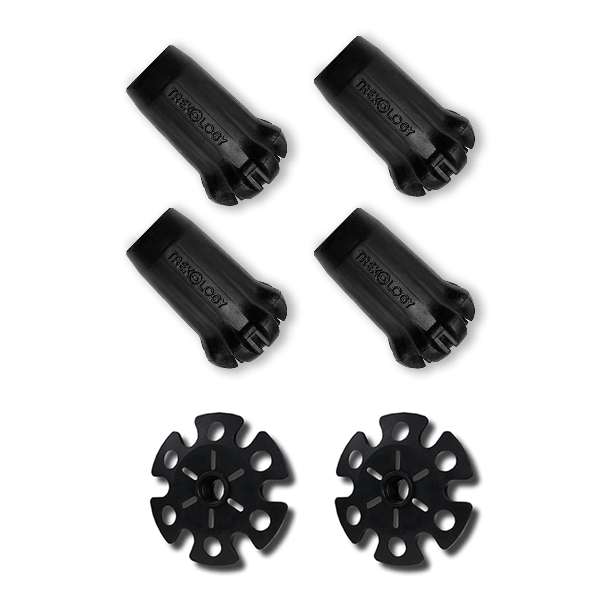 Trekology Trekking Pole Set – 4 Rubber Tips & 2 Snow Baskets for Light Snow-Shoeing – Rubber Tips for Hiking Poles & Walking Sticks, Prevents Sinking, Enhances Stability – Essential Accessories