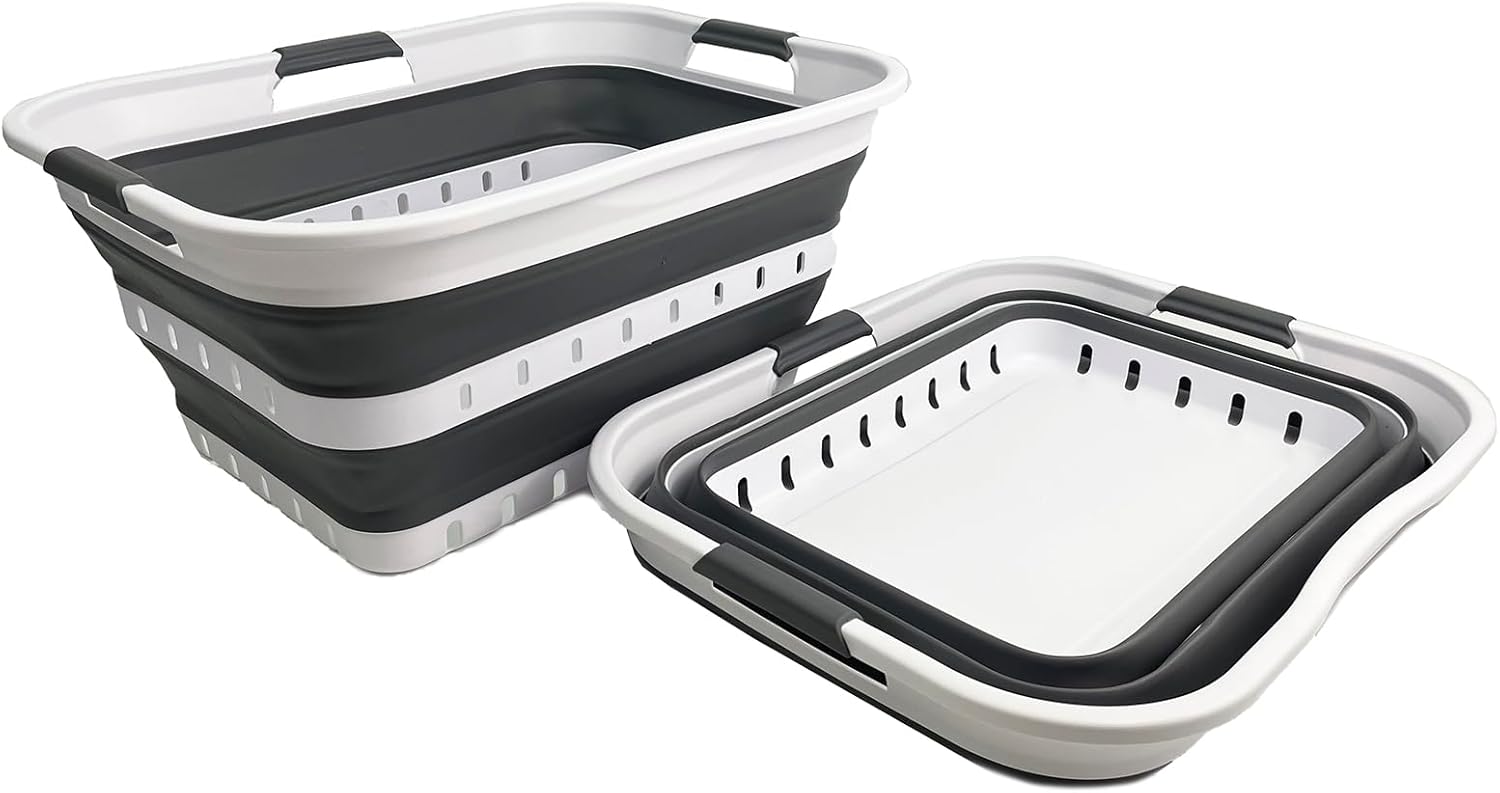 SAMMART 42L (11 gallons) Set of 2 Plastic Foldable Storage Basket/Container - Collapsible, Space Saving and Portable Laundry Hamper, Ideal for Home, Travel, Dorm, and Camping (2, White/Steel Grey)