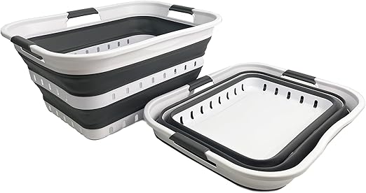 SAMMART 42L (11 gallons) Set of 2 Plastic Foldable Storage Basket/Container - Collapsible, Space Saving and Portable Laundry Hamper, Ideal for Home, Travel, Dorm, and Camping (2, White/Grey)