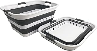 SAMMART 42L (11 gallons) Set of 2 Plastic Foldable Storage Basket/Container - Collapsible, Space Saving and Portable Laundry Hamper, Ideal for Home, Travel, Dorm, and Camping (2, White/Steel Grey)