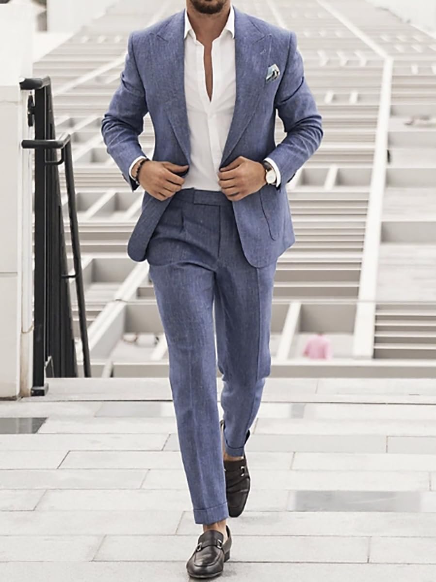Conjunto de traje de lino para hombre, esmoquin casual, 2 piezas, blazer de ajuste regular, chaqueta y pantalones sólidos con un botón, para graduación, boda, fiesta