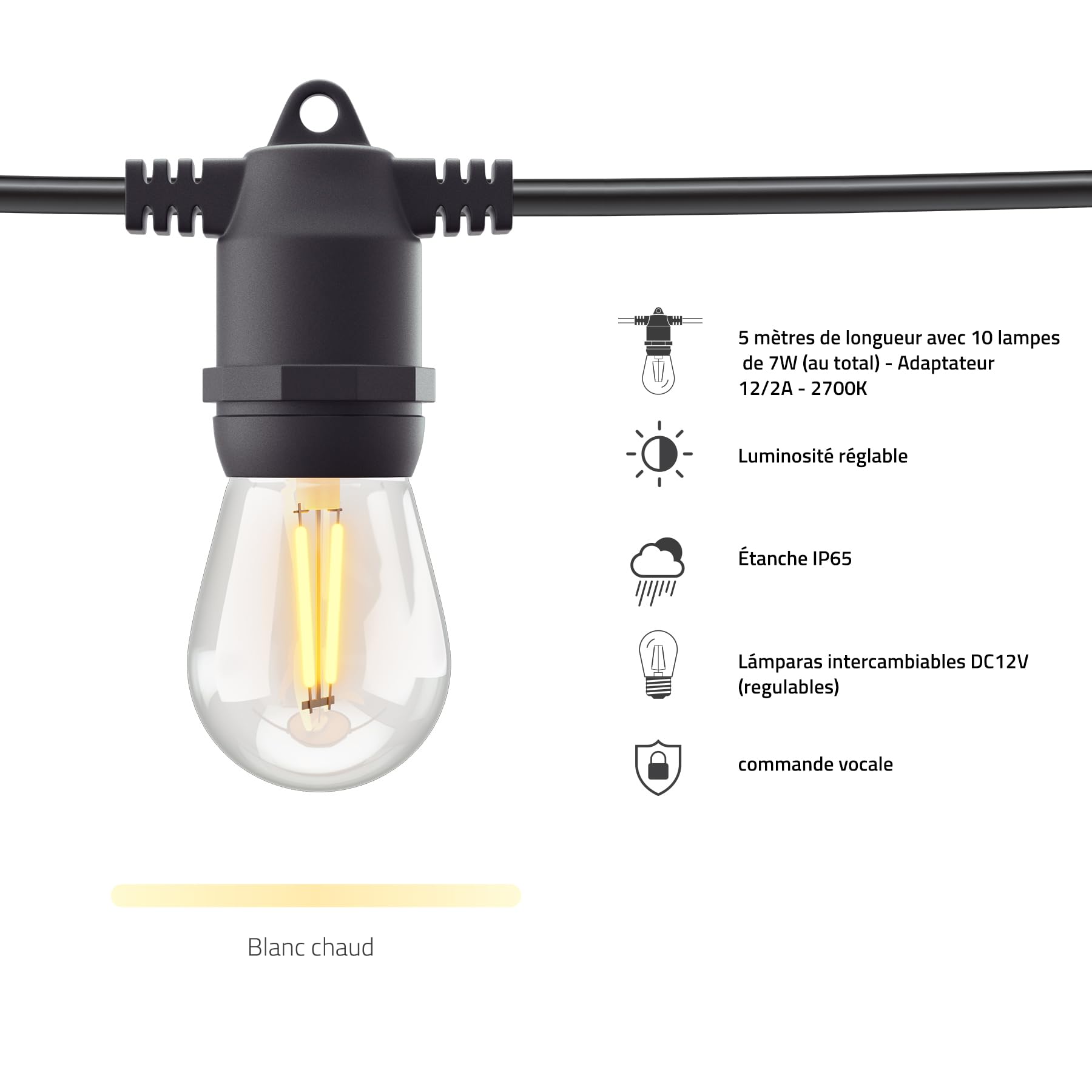Hombli Extension pour Guirlande Lumineuse Extérieure, Câble de 5m | 10 Ampoules Lumière Blanche Chaude pour Jardin, Terrasse, Balcon | Luminosité Réglable | Commande Vocale | Étanche IP65